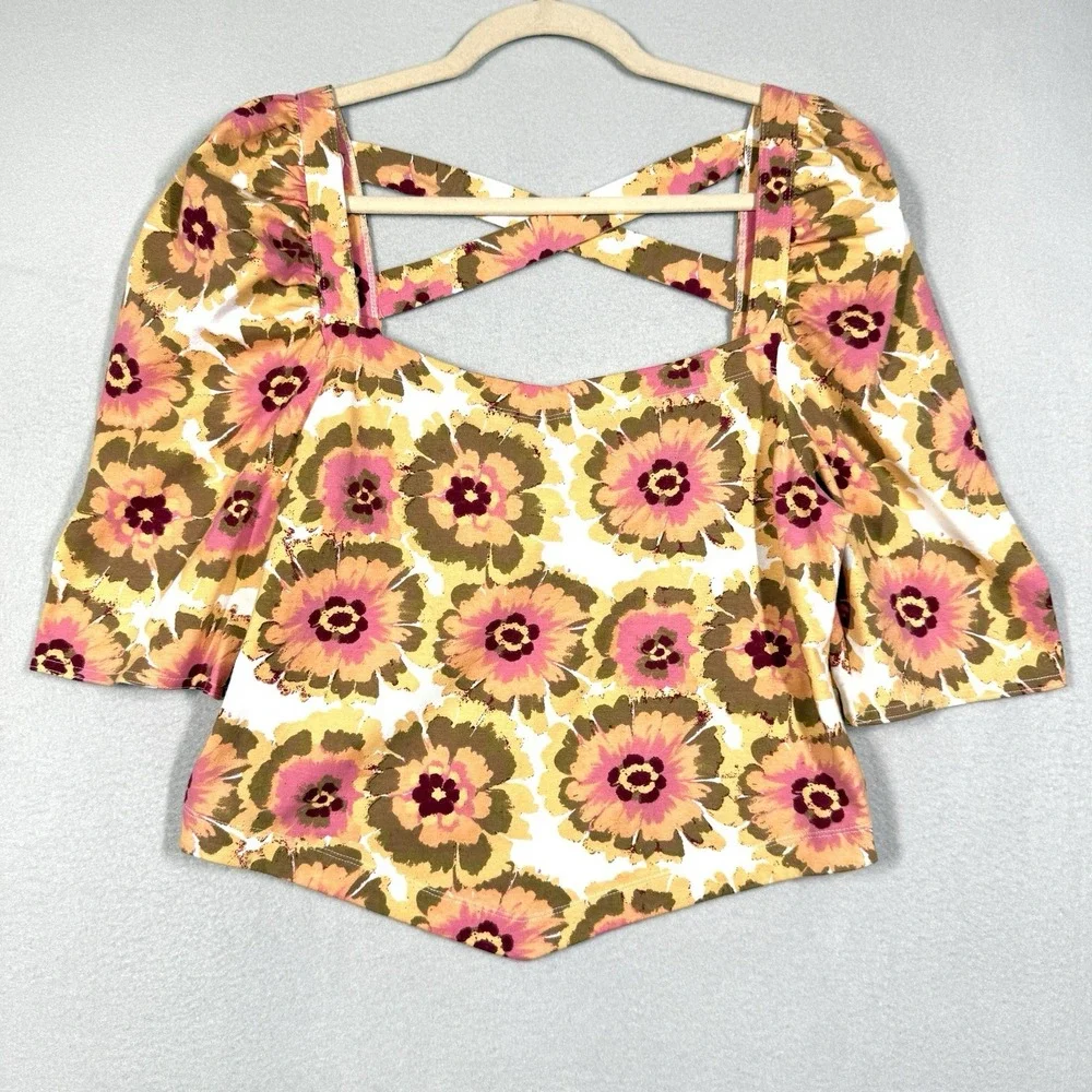 Free People Top Womens XL Give Me More Floral Crop Puff Sleeve Square Neck